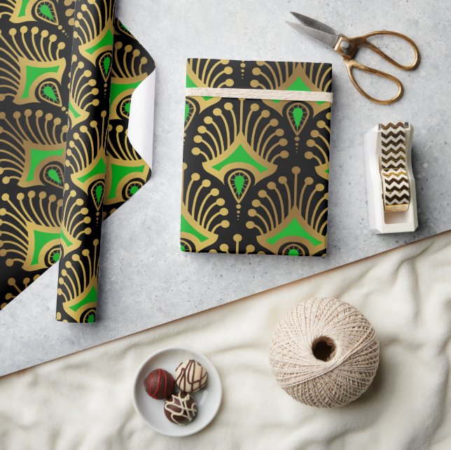 Gold and green Art Deco pattern on black Wrapping Paper (Crafts)