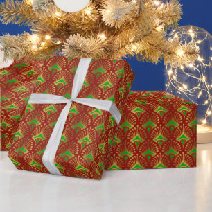 Gold and green Art Deco pattern on red Wrapping Paper