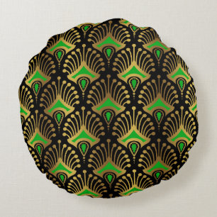 Gold and green Art Deco seamless pattern Round Cushion