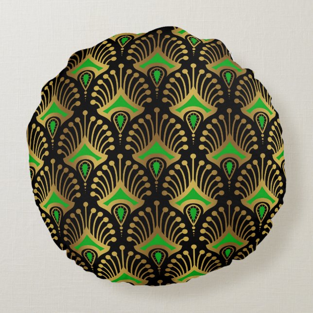 Gold and green Art Deco seamless pattern Round Cushion (Back)