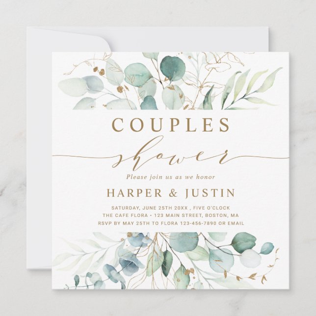 Gold and Green Botanical Couples Shower Square Invitation (Front)