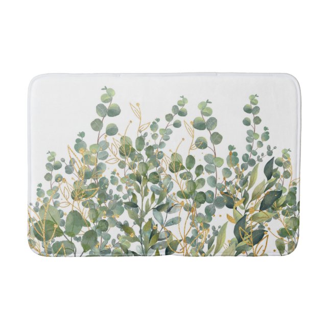 Gold And Green Botanical Eucalyptus Leaves Bath Mat (Front)