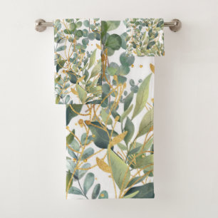 Gold And Green Botanical Eucalyptus Leaves Bath Towel Set