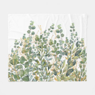 Gold And Green Botanical Eucalyptus Leaves Fleece Blanket