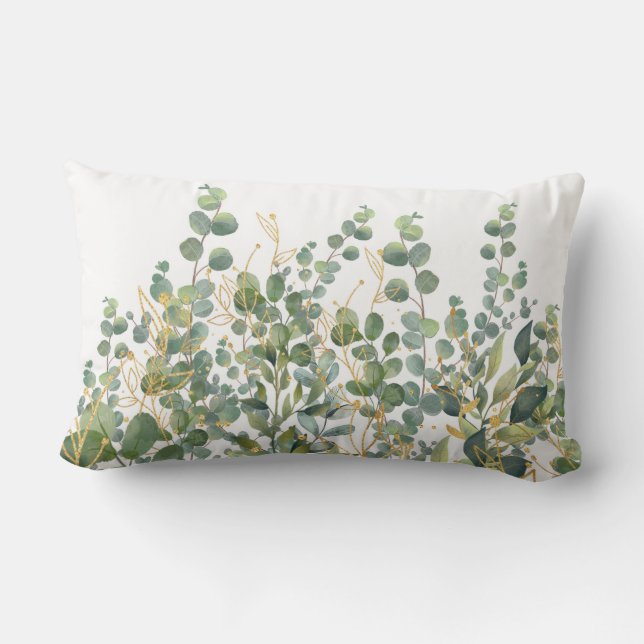 Gold And Green Botanical Eucalyptus Leaves Lumbar Cushion (Back)