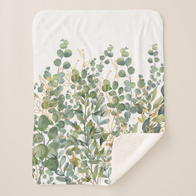Gold And Green Botanical Eucalyptus Leaves Sherpa Blanket (Front)