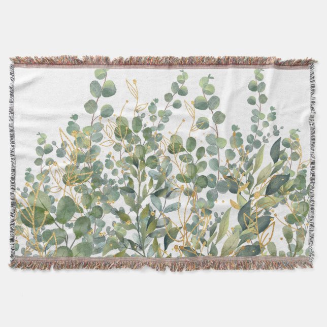 Gold And Green Botanical Eucalyptus Leaves Throw Blanket (Front)
