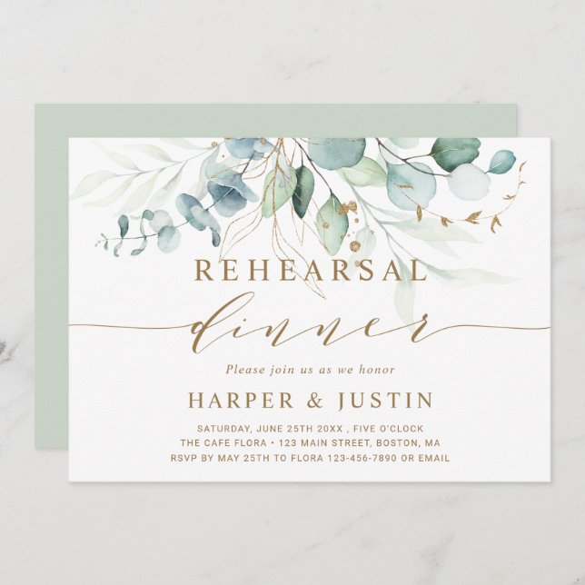 Gold and Green Botanical Rehearsal Dinner Invitation (Front/Back)
