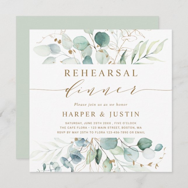Gold and Green Botanical Rehearsal Dinner Square Invitation (Front/Back)