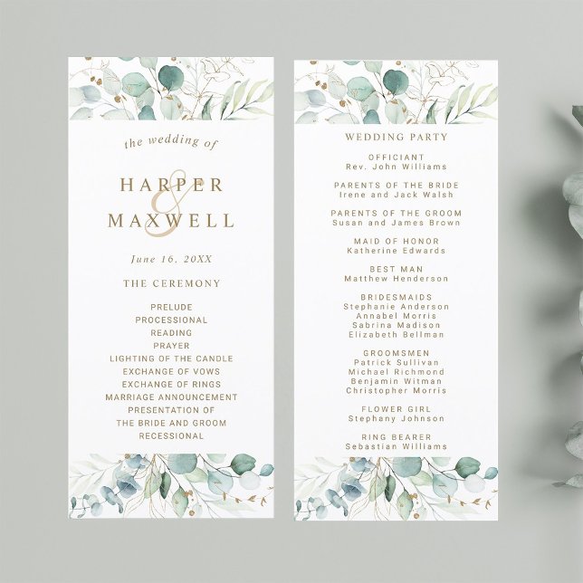 Gold and Green Botanical Wedding Ceremony  Program (Front & Back)