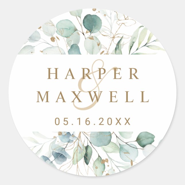 Gold and Green Botanical Wedding Classic Round Sticker (Front)
