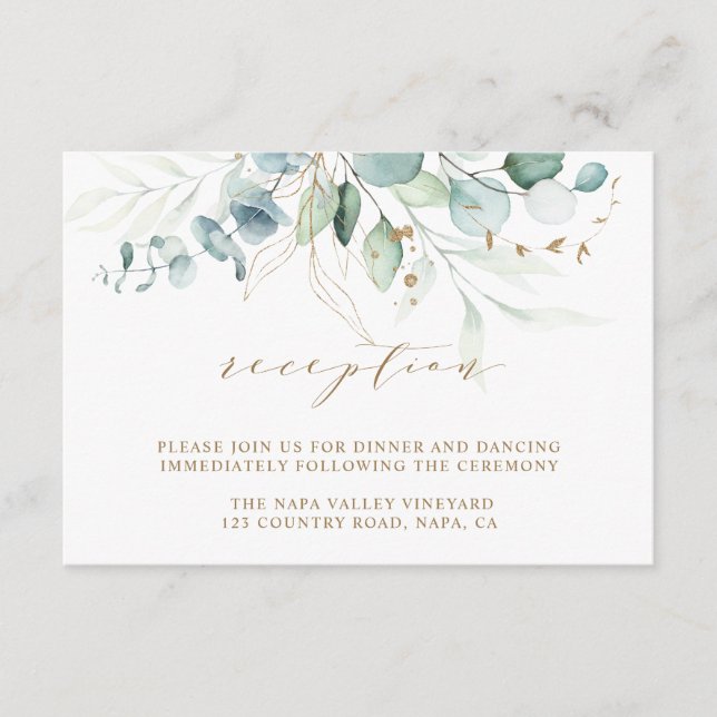 Gold and Green Botanical Wedding Reception Enclosure Card (Front)