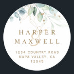 Gold and Green Botanical Wedding Return Address Classic Round Sticker<br><div class="desc">This wedding sticker features painted watercolor eucalyptus,  botanical green and gold glitter leaves with gold script.</div>