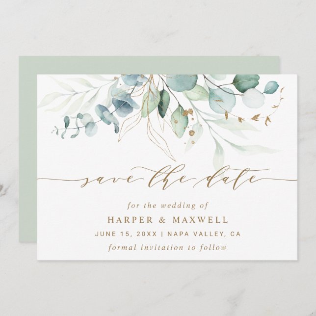 Gold and Green Botanical Wedding Save The Date (Front/Back)