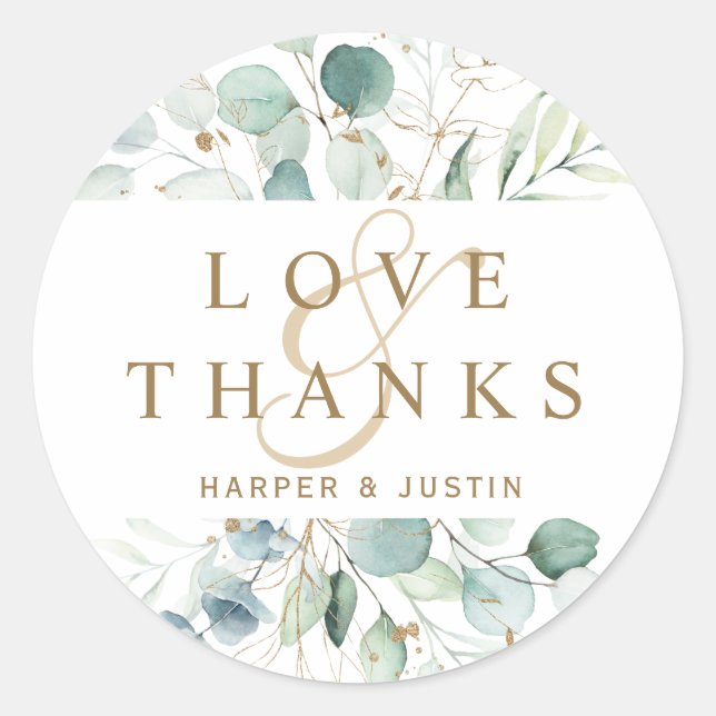 Gold and Green Botanical Wedding Thank You Classic Round Sticker (Front)