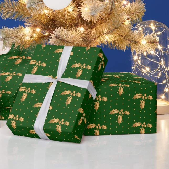 Gold and Green Christmas Holly Wrapping Paper (Holidays)