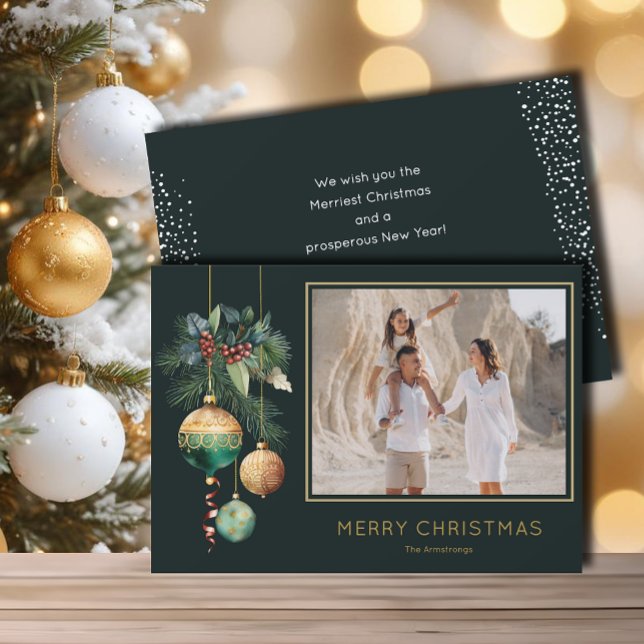 Gold and Green Christmas Ornaments Photo Holiday Card (Chic green and gold Christmas tree ornaments flat photo holiday greeting cards)