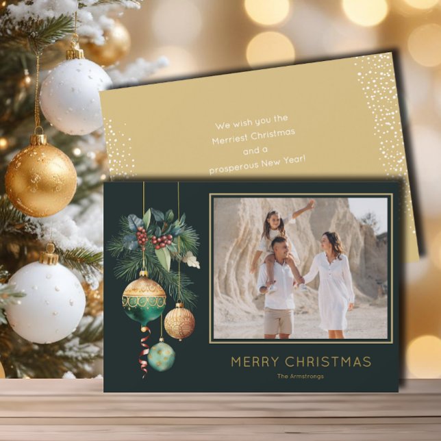 Gold and Green Christmas Ornaments Photo Holiday Card (Chic green and gold Christmas tree ornaments flat photo holiday greeting cards)
