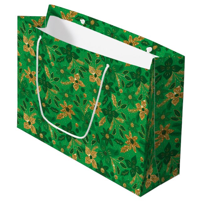 Gold and Green Christmas Poinsettia Flowers Large Gift Bag (Front Angled)