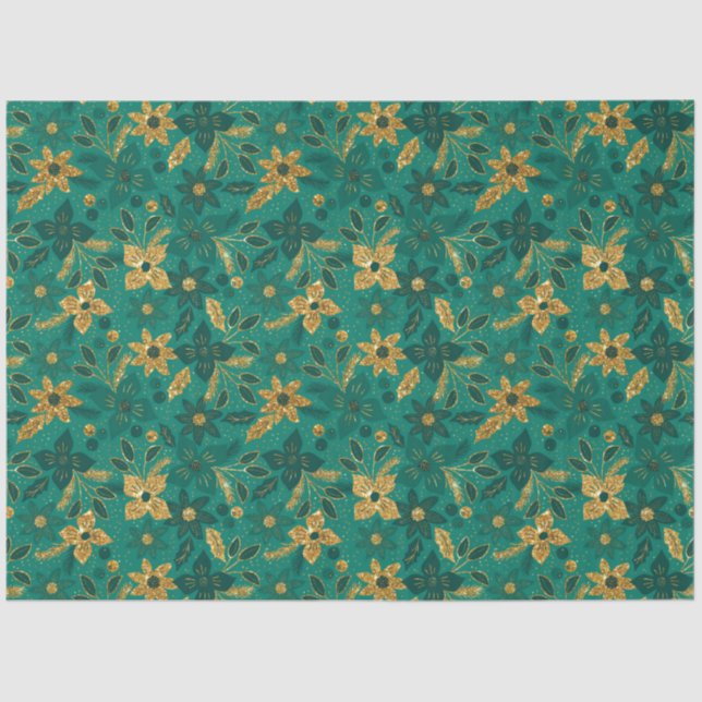Gold and Green Christmas Poinsettia Flowers Tissue Paper (Front)