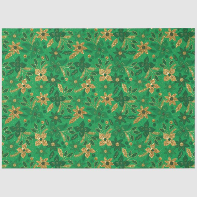 Gold and Green Christmas Poinsettia Flowers Tissue Paper (Front)