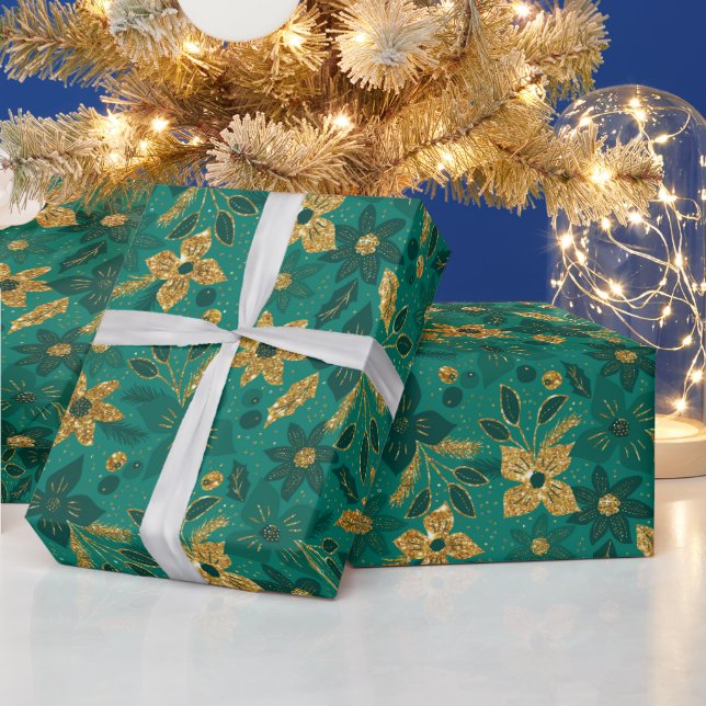 Gold and Green Christmas Poinsettia Flowers Wrapping Paper (Holidays)