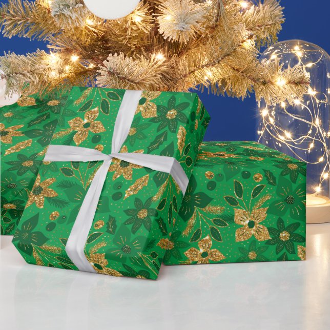 Gold and Green Christmas Poinsettia Flowers Wrapping Paper (Holidays)