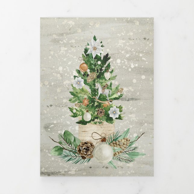 Gold And Green Christmas Tree Personalised Tri-Fold Holiday Card (Cover)