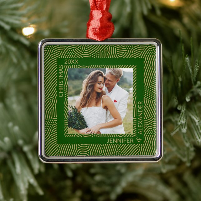 Gold and Green Couples Photo Metal Ornament (Tree)