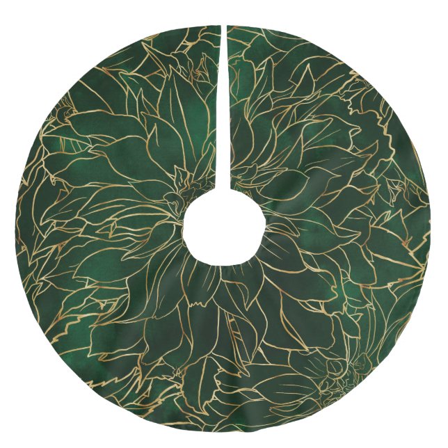 Gold and Green Dahlia Flower Brushed Polyester Tree Skirt (Front)