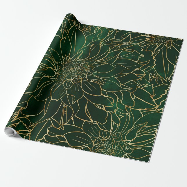 Gold and Green Dahlia Flower Wrapping Paper (Unrolled)