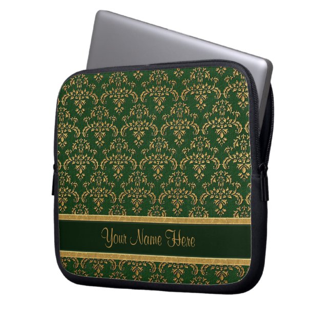 Gold and Green Damask Pattern Laptop Sleeve (Front Left)