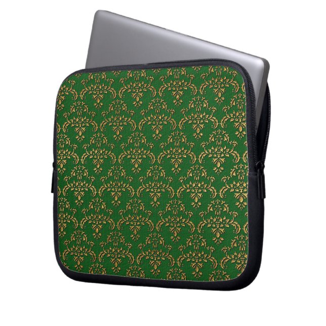 Gold and Green Damask Pattern Laptop Sleeve (Front Left)
