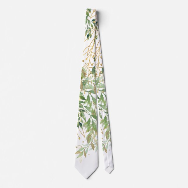 Gold And Green Decorative Plant Leaves Tie (Front)