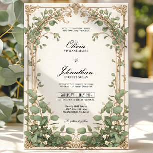 Gold and Green Eucalyptus Greenery Wedding Invite