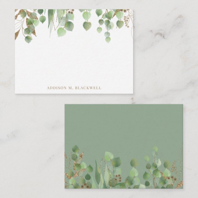 Gold and Green Eucalyptus Leaves Name Card (Front/Back)