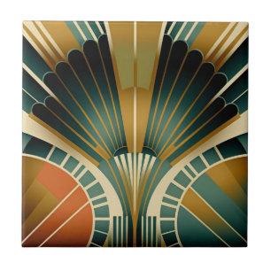 Gold and Green Fan Pattern Art Deco Ceramic Tile