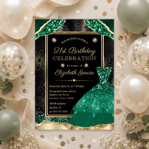Gold and Green Glitter Dress 21st Birthday Invitation