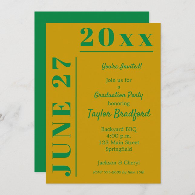 Gold and Green Graduation Party Invitations (Front/Back)