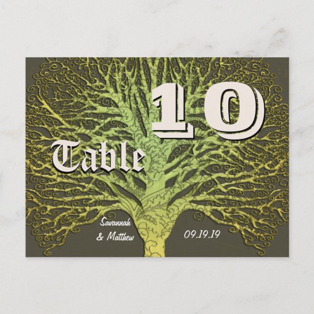 Gold and Green Gray Damask Tree Table Number Postcard (Front)