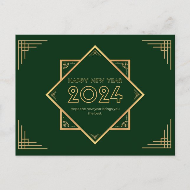Gold And Green Happy New Year 2024 Postcard (Front)