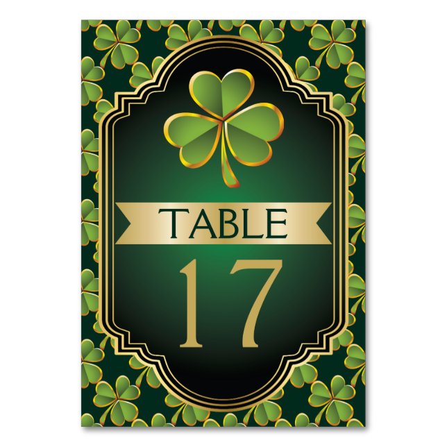 Gold and green Irish clover wedding table number (Front)