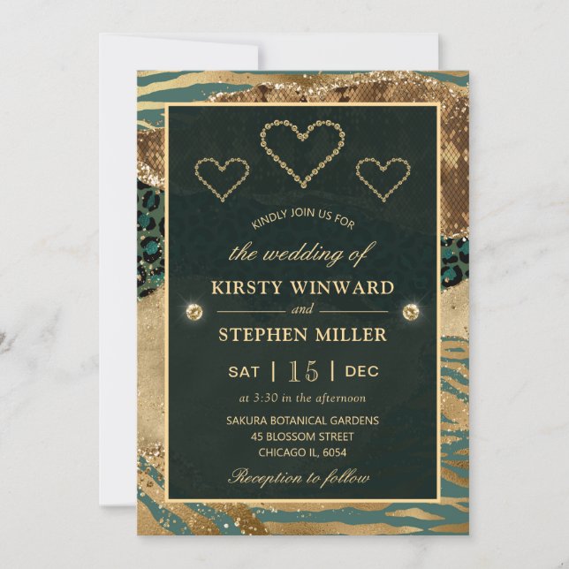 Gold and Green Jungle Safari & Glitter Wedding Invitation (Front)