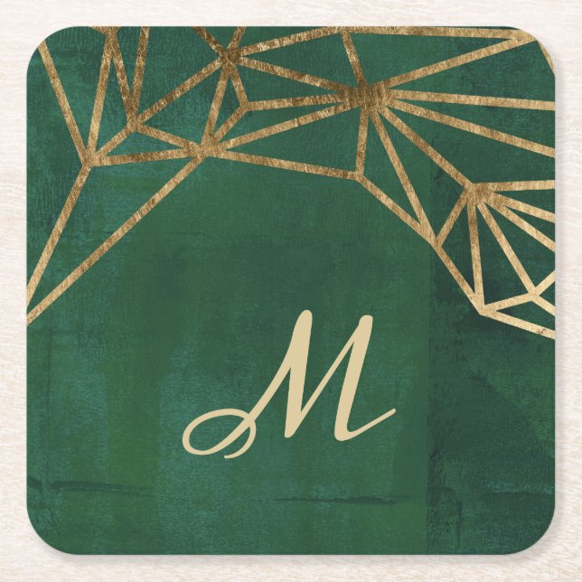 Gold and Green Jungle Web Square Paper Coaster (Front)
