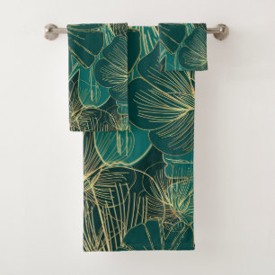 Gold And Green Leaves Bath Towel Set