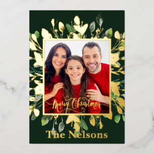 Gold and green leaves custom photo Christmas Foil Holiday Card