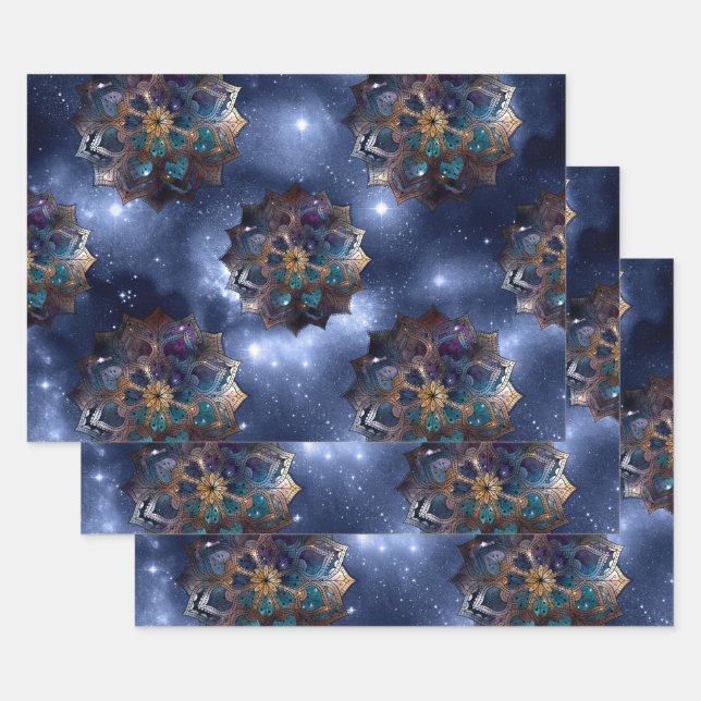 Gold and Green Mandala's on Dark Sky Wrapping Paper Sheet (Set)