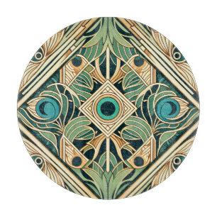 Gold and green peacock abstract feathers texture cutting board