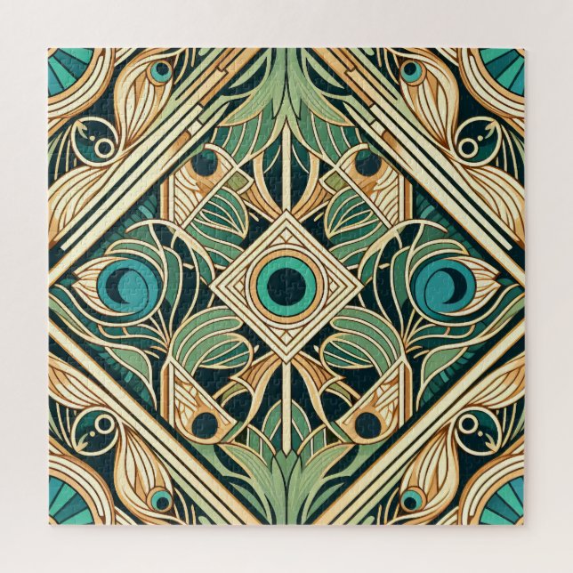 Gold and green peacock abstract feathers texture jigsaw puzzle (Vertical)