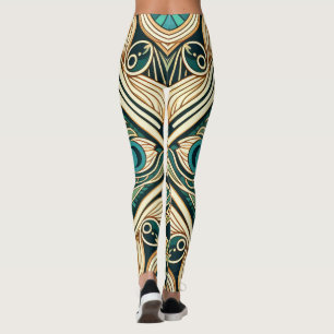 Gold and green peacock abstract feathers texture leggings